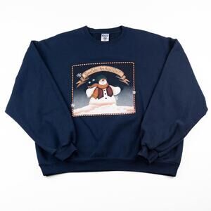 Vintage 1990s Jerzees Snowman Christmas Crewneck Sweatshirt Navy Large